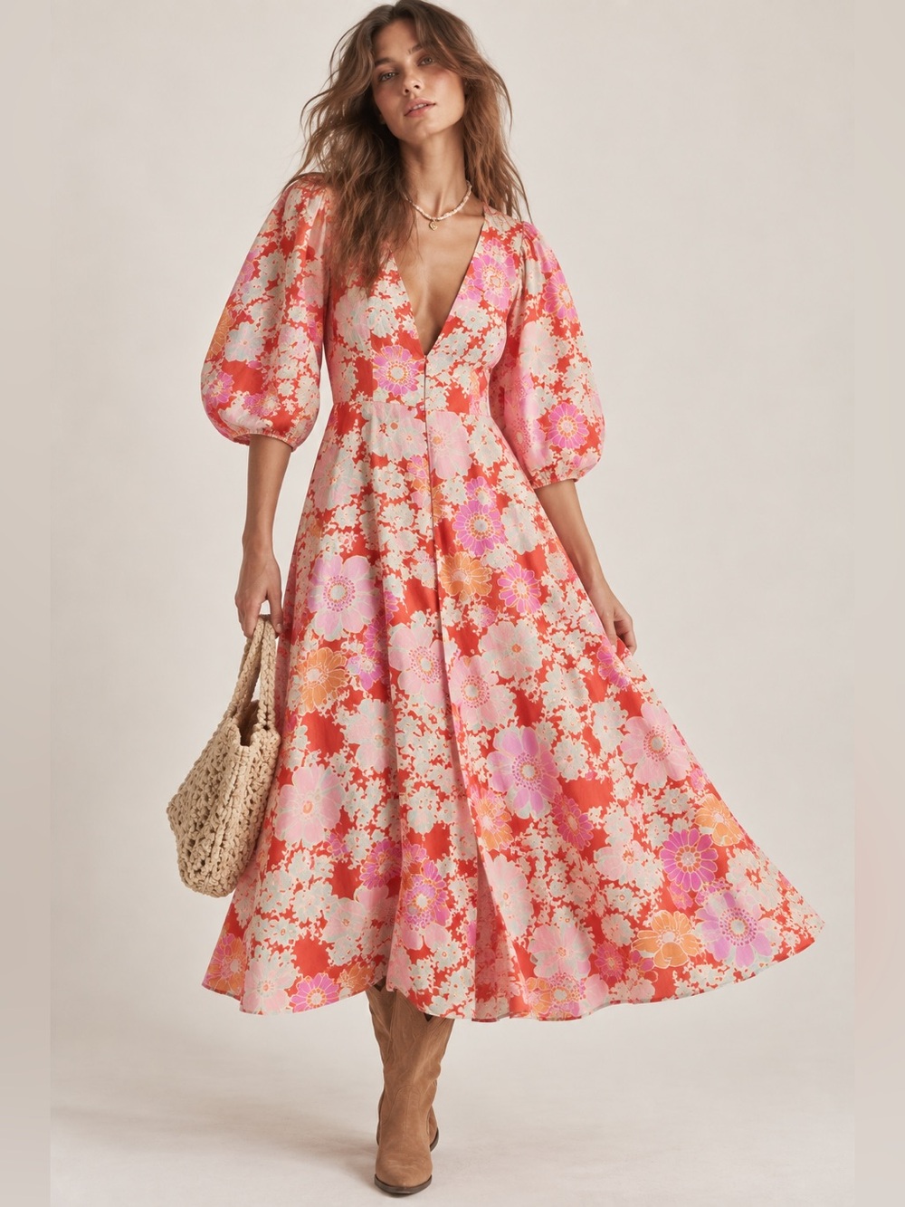 Free People Lydia Floral Print Button Up Midi Dress Puff Sleeve Boho Cottagecore